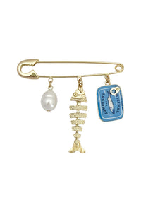Gold Tone Pearl, Fishbone & Sardine Tin Charm Safety Pin Brooch