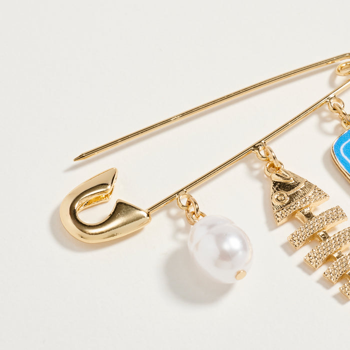 Gold Tone Pearl, Fishbone & Sardine Tin Charm Safety Pin Brooch