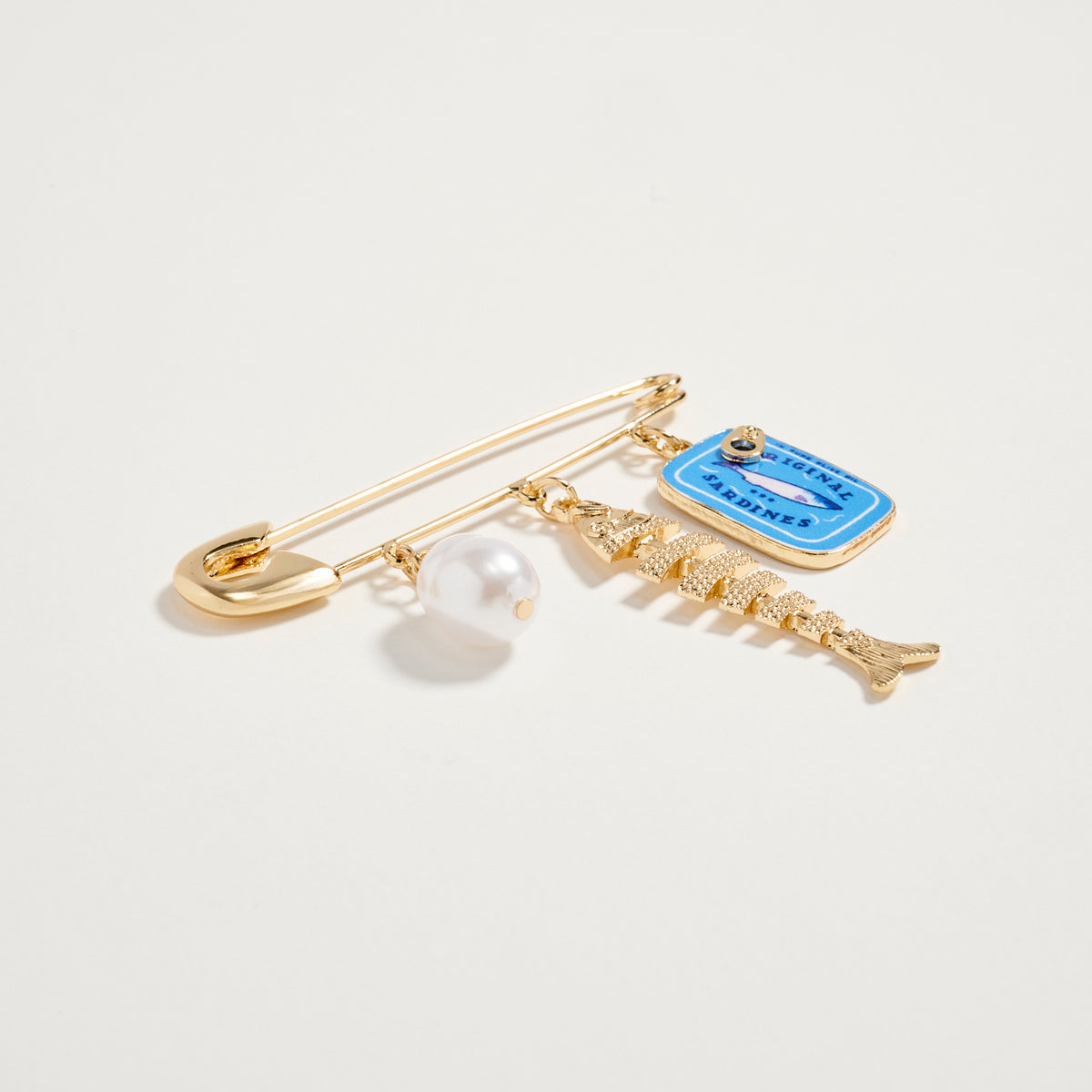 Gold Tone Pearl, Fishbone & Sardine Tin Charm Safety Pin Brooch