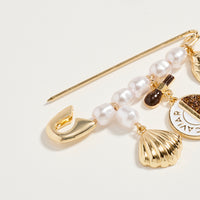 Gold Tone Pearl & Caviar Charm Safety Pin Brooch