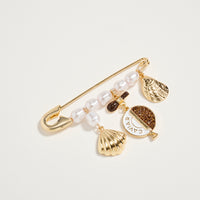 Gold Tone Pearl & Caviar Charm Safety Pin Brooch