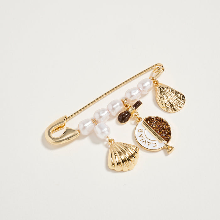 Gold Tone Pearl & Caviar Charm Safety Pin Brooch