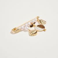 Gold Tone Pearl & Caviar Charm Safety Pin Brooch