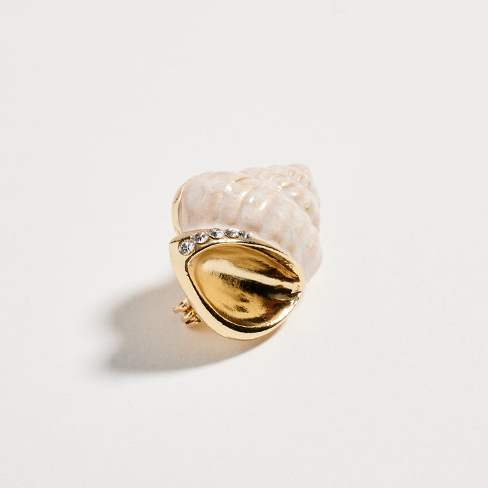 Gold Tone Seashell Brooch with Pearl Finish & Crystal Accent – Vintage Inspired Ocean Pin