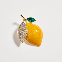 Gold Tone Lemon Brooch with Yellow Enamel & Crystal Leaf – Rhinestone Fruit Statement Pin
