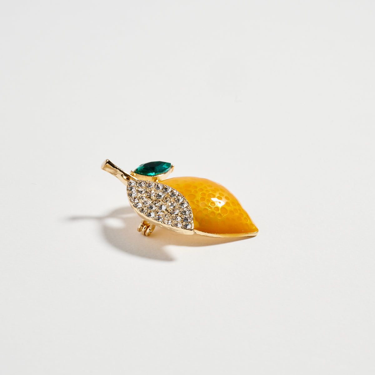 Gold Tone Lemon Brooch with Yellow Enamel & Crystal Leaf – Rhinestone Fruit Statement Pin