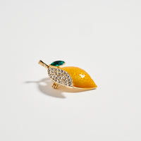 Gold Tone Lemon Brooch with Yellow Enamel & Crystal Leaf – Rhinestone Fruit Statement Pin
