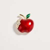 Gold Tone Red Apple Brooch with Crystal Accent – Enamel Fruit Statement Pin