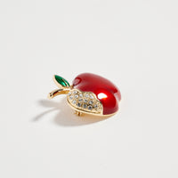 Gold Tone Red Apple Brooch with Crystal Accent – Enamel Fruit Statement Pin
