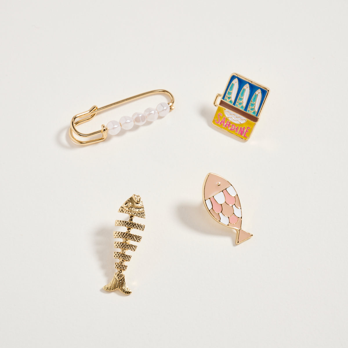 Gold Fish & Sardine Enamel Brooch Pin Set – Pearl Safety Pin, Fishbone & Colorful Sardine Lapel Pins (4-Piece Statement Collection)