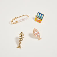 Gold Fish & Sardine Enamel Brooch Pin Set – Pearl Safety Pin, Fishbone & Colorful Sardine Lapel Pins (4-Piece Statement Collection)