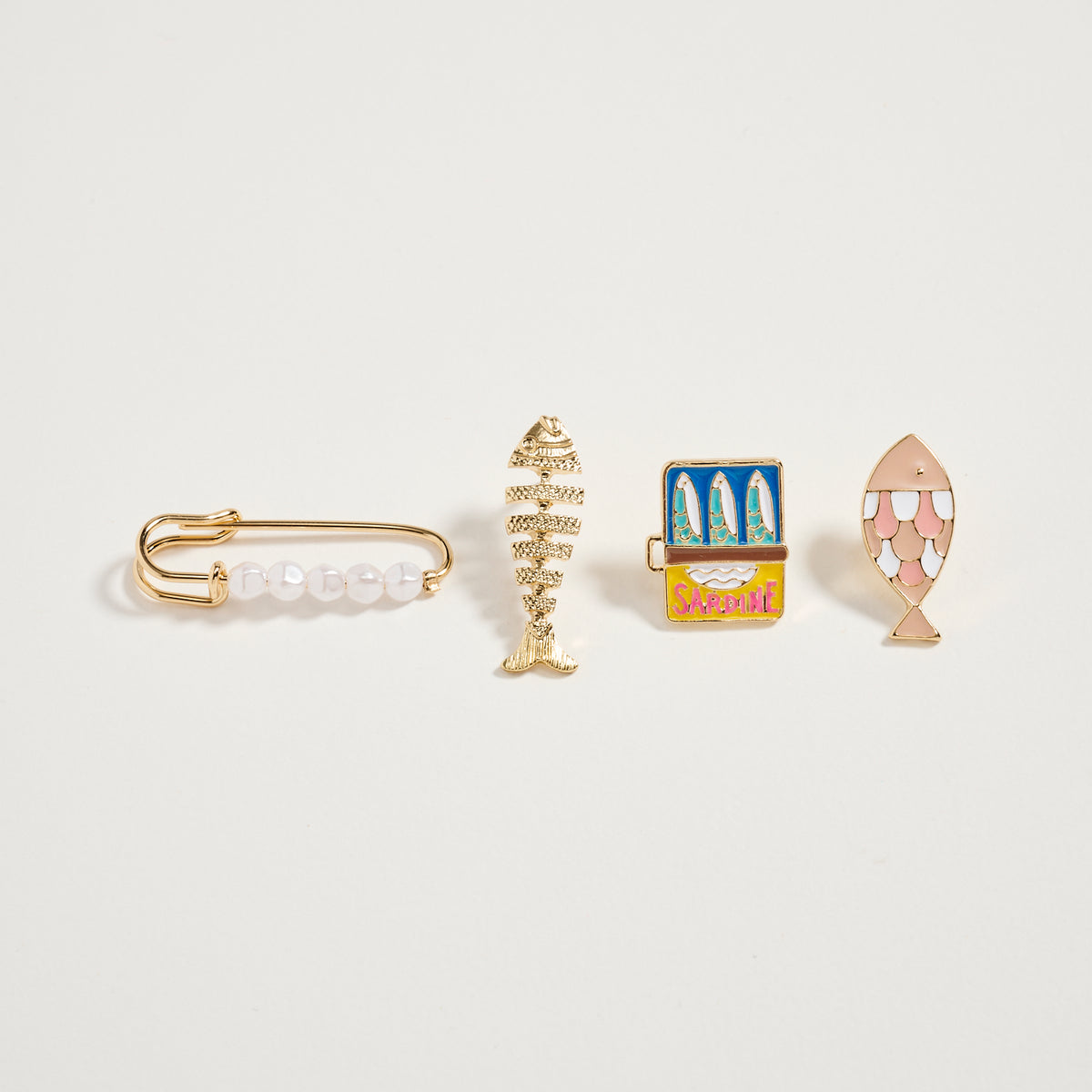 Gold Fish & Sardine Enamel Brooch Pin Set – Pearl Safety Pin, Fishbone & Colorful Sardine Lapel Pins (4-Piece Statement Collection)