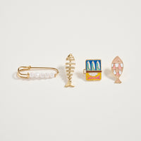 Gold Fish & Sardine Enamel Brooch Pin Set – Pearl Safety Pin, Fishbone & Colorful Sardine Lapel Pins (4-Piece Statement Collection)