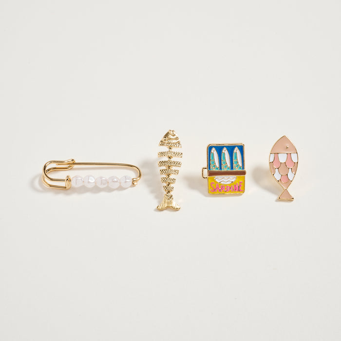 Gold Fish & Sardine Enamel Brooch Pin Set – Pearl Safety Pin, Fishbone & Colorful Sardine Lapel Pins (4-Piece Statement Collection)