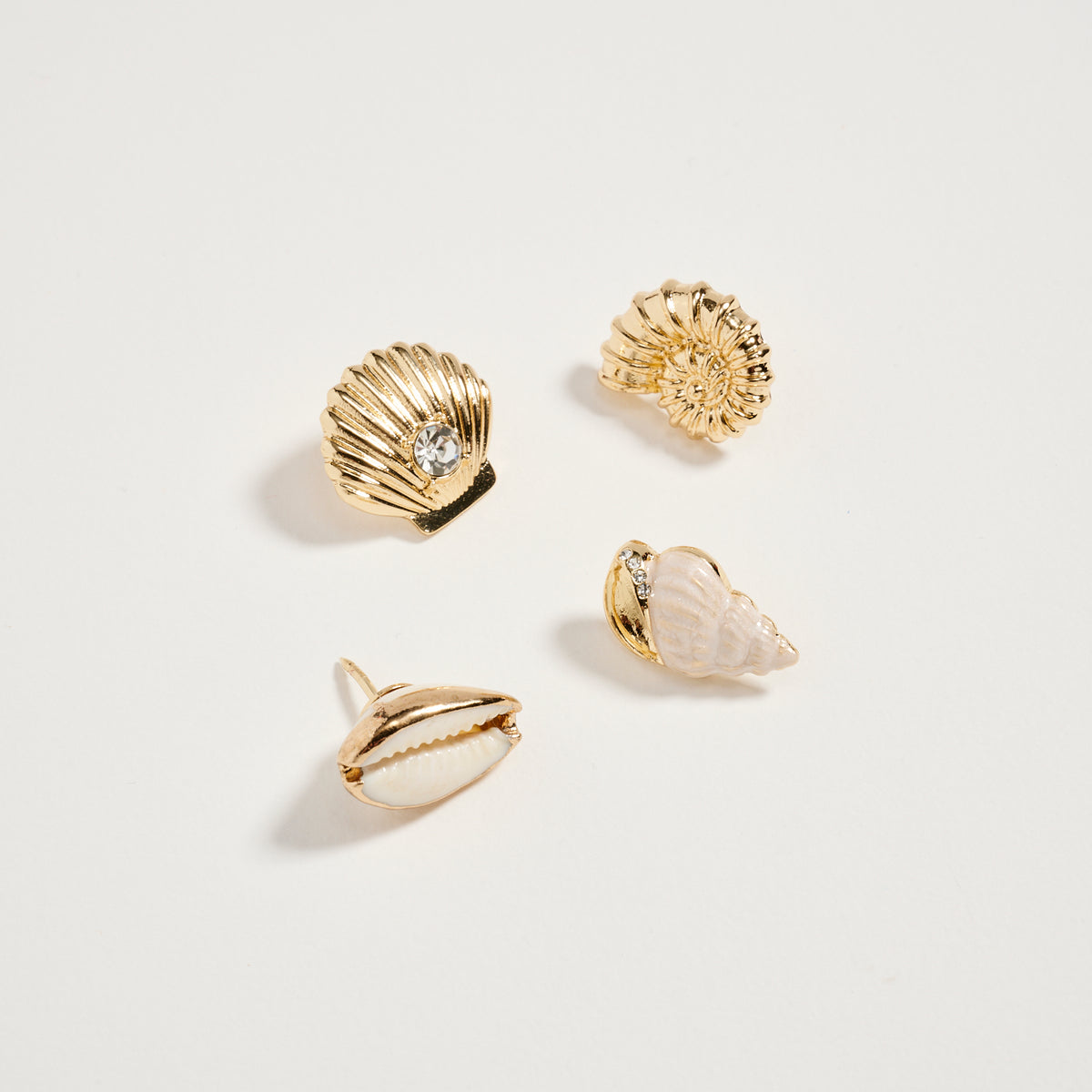 Gold Seashell & Conch Brooch Pin Set – Rhinestone Shell, Cowrie & Spiral Shell Statement Pins (4-Piece Coastal Collection)