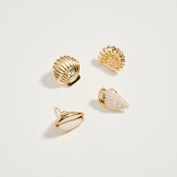 Gold Seashell & Conch Brooch Pin Set – Rhinestone Shell, Cowrie & Spiral Shell Statement Pins (4-Piece Coastal Collection)