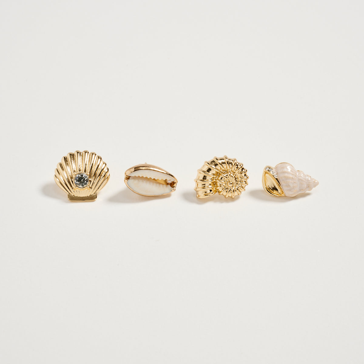 Gold Seashell & Conch Brooch Pin Set – Rhinestone Shell, Cowrie & Spiral Shell Statement Pins (4-Piece Coastal Collection)