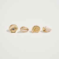Gold Seashell & Conch Brooch Pin Set – Rhinestone Shell, Cowrie & Spiral Shell Statement Pins (4-Piece Coastal Collection)