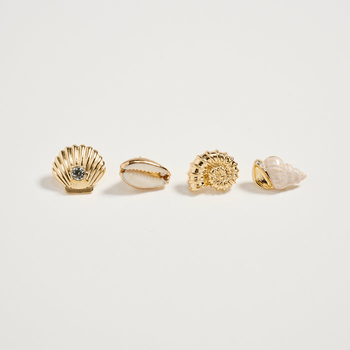 Gold Seashell & Conch Brooch Pin Set – Rhinestone Shell, Cowrie & Spiral Shell Statement Pins (4-Piece Coastal Collection)