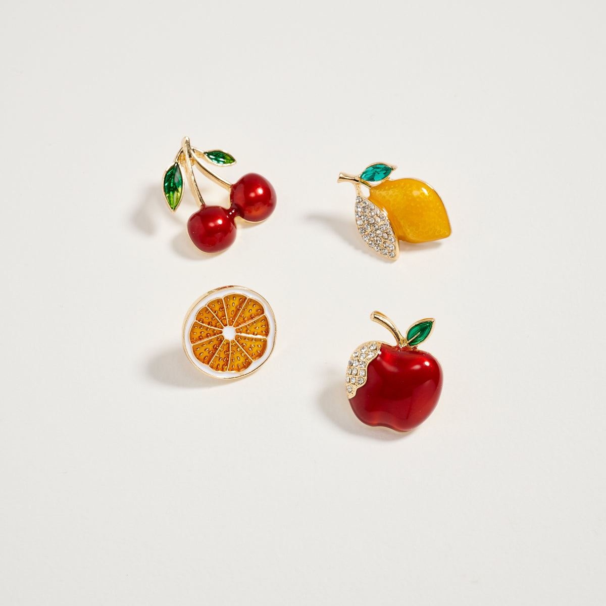 Gold Fruit Brooch Pin Set – Cherry, Lemon, Orange Slice & Apple Rhinestone Enamel Pins (4-Piece Statement Collection)