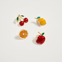 Gold Fruit Brooch Pin Set – Cherry, Lemon, Orange Slice & Apple Rhinestone Enamel Pins (4-Piece Statement Collection)