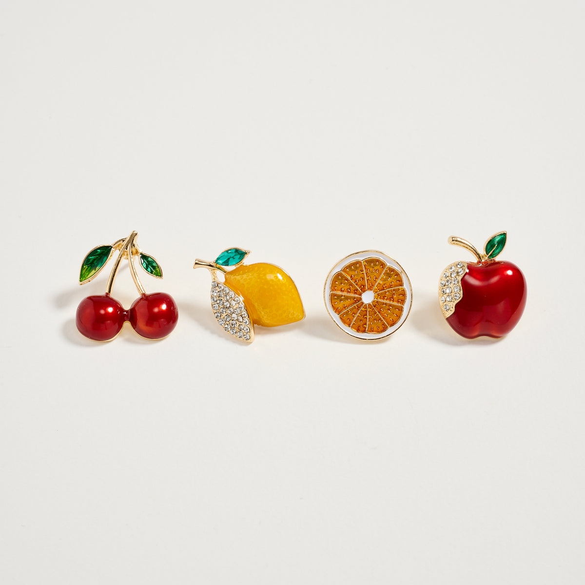 Gold Fruit Brooch Pin Set – Cherry, Lemon, Orange Slice & Apple Rhinestone Enamel Pins (4-Piece Statement Collection)