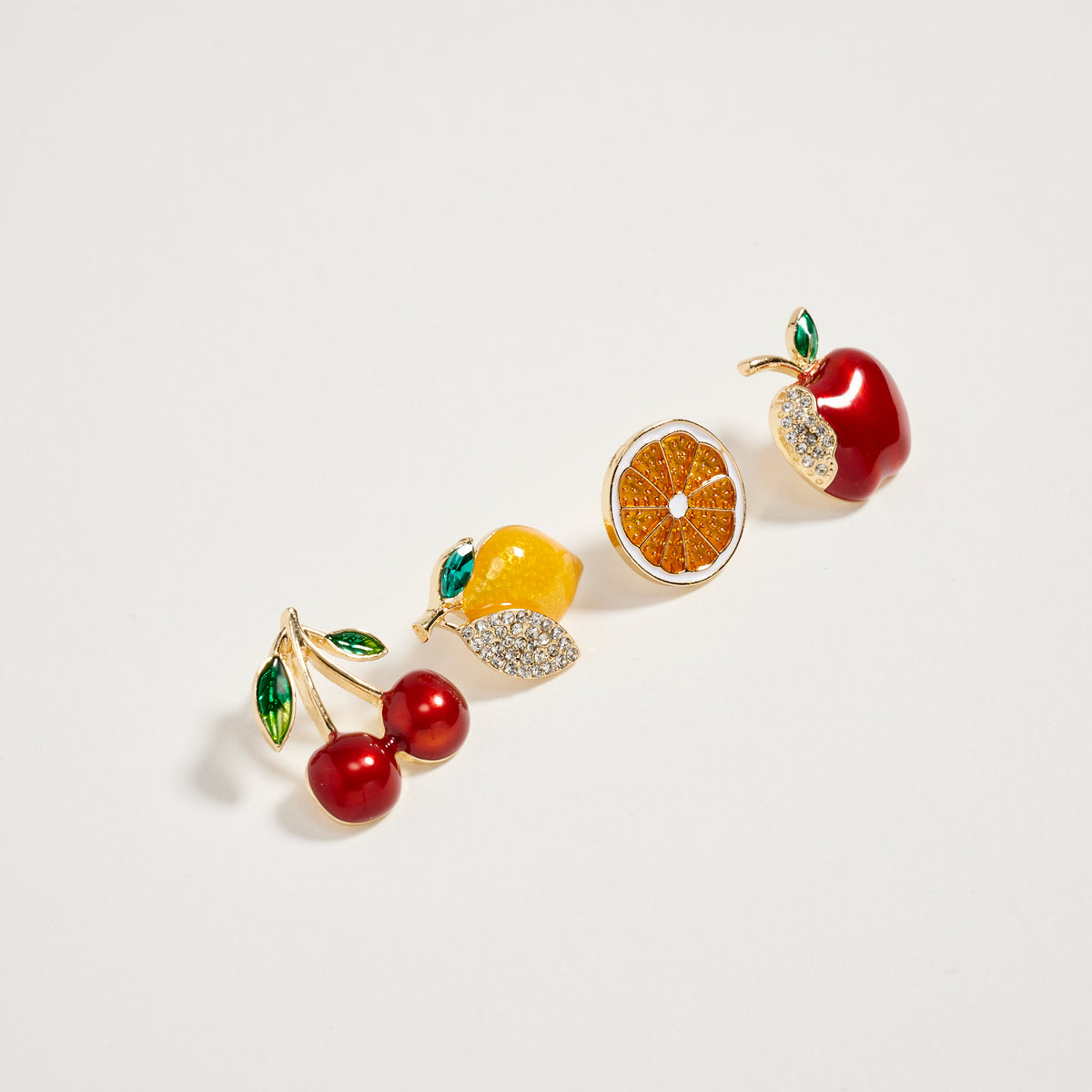 Gold Fruit Brooch Pin Set – Cherry, Lemon, Orange Slice & Apple Rhinestone Enamel Pins (4-Piece Statement Collection)