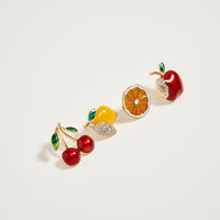 Gold Fruit Brooch Pin Set – Cherry, Lemon, Orange Slice & Apple Rhinestone Enamel Pins (4-Piece Statement Collection)