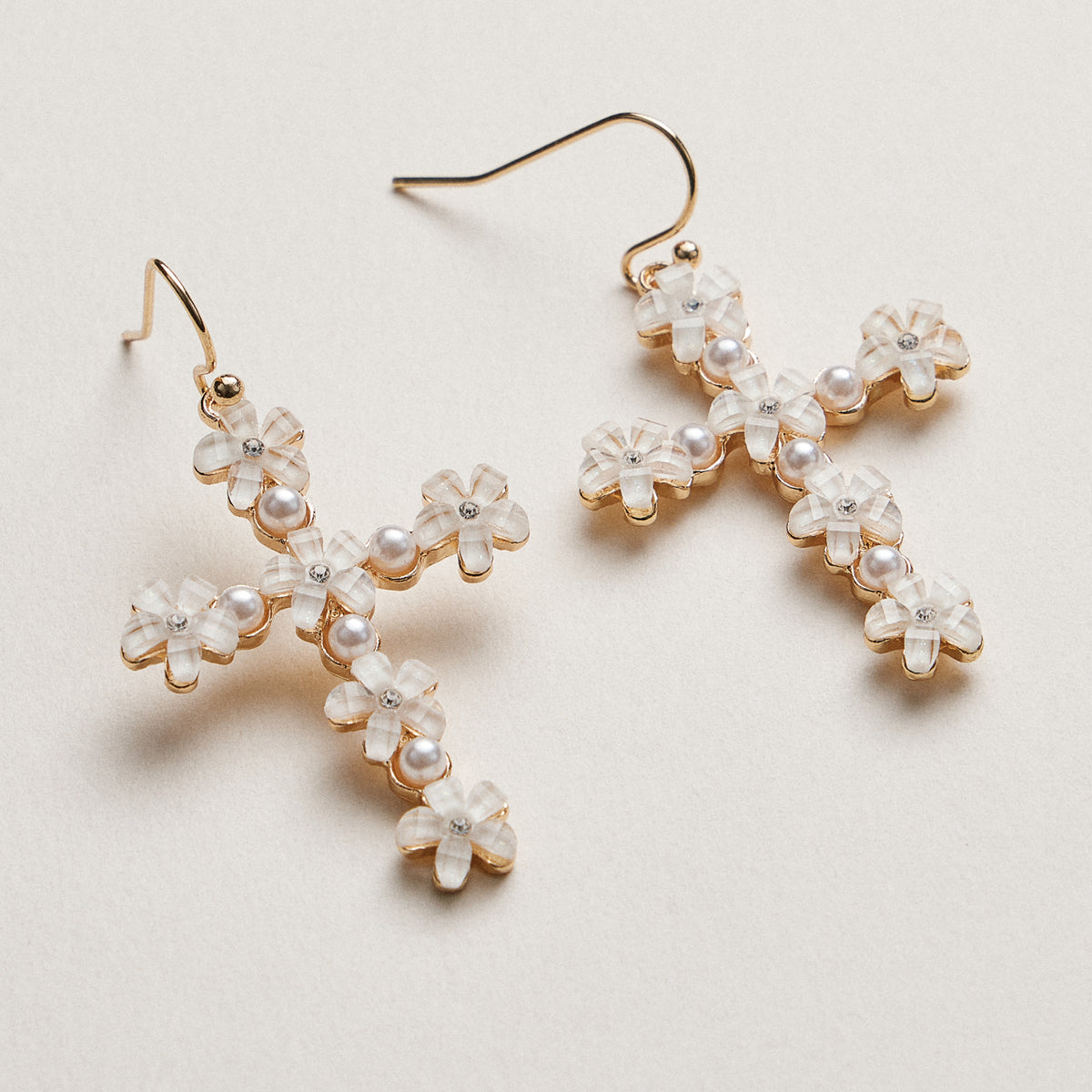 Floral Cross Drop Earrings | Pearl & Crystal Daisy
