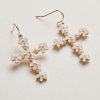 Floral Cross Drop Earrings | Pearl & Crystal Daisy