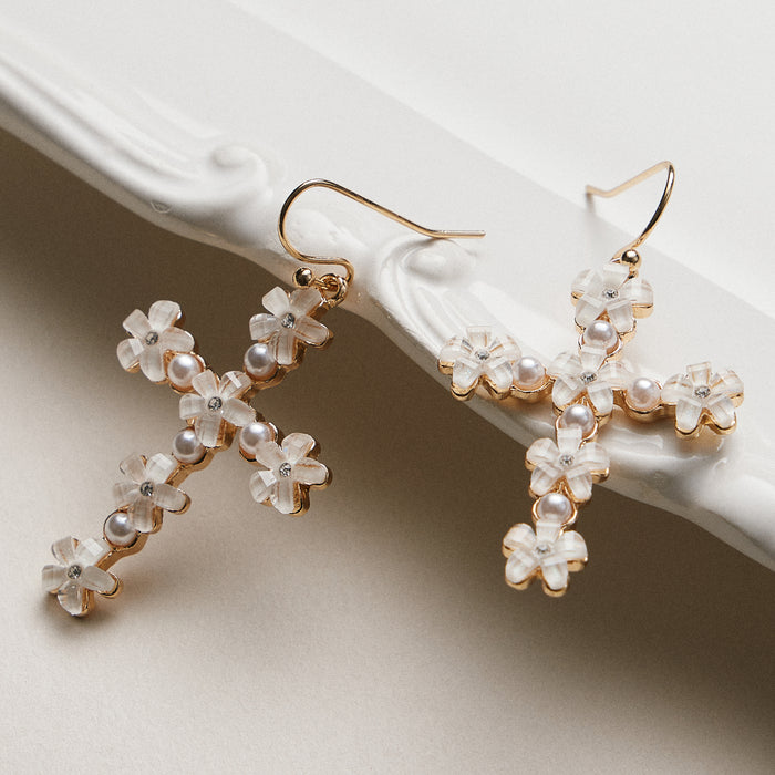 Floral Cross Drop Earrings | Pearl & Crystal Daisy