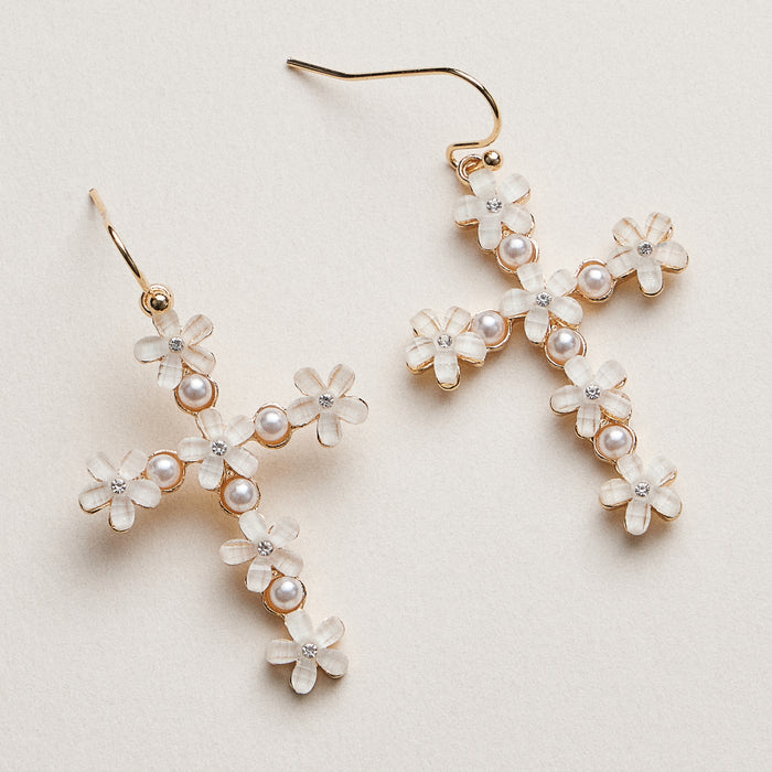 Floral Cross Drop Earrings | Pearl & Crystal Daisy