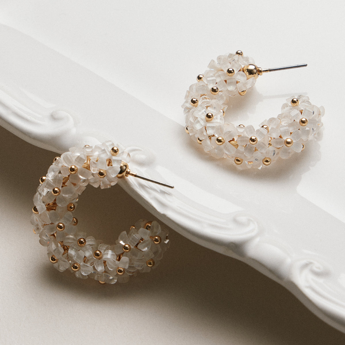 Crystal Flower Hoop Earrings | Gold Beaded Hoops