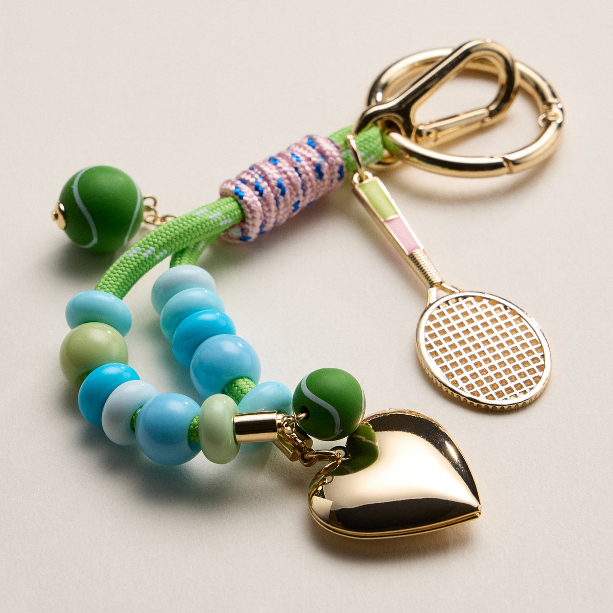 Tennis Charm Beaded Keychain with Heart Locket – Colorful Bead & Racket Bag Charm