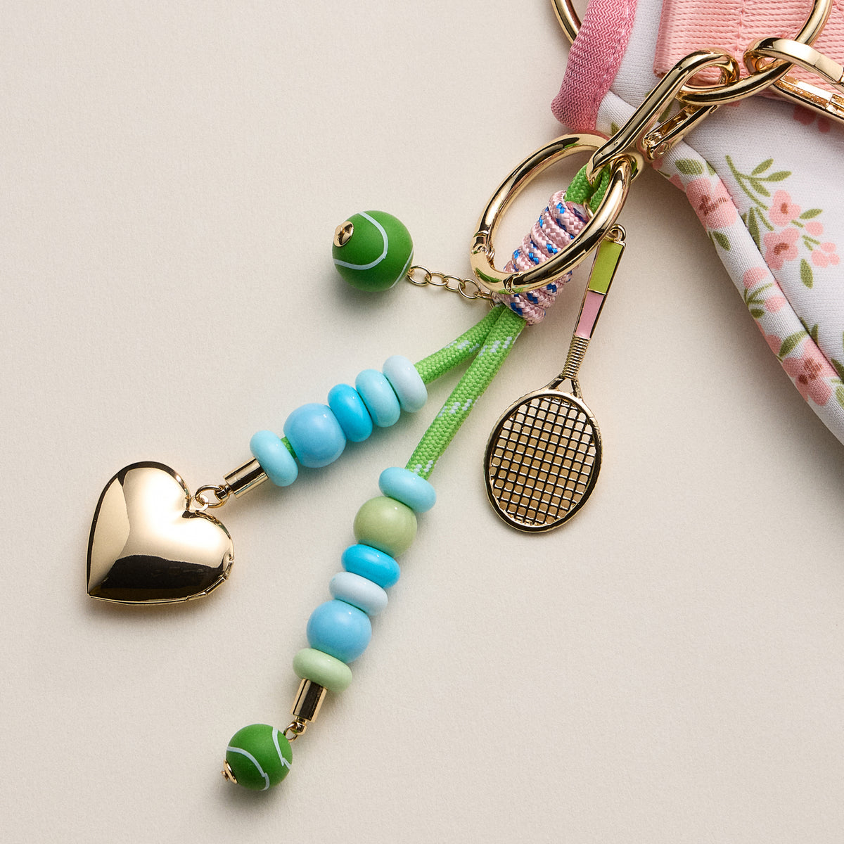 Tennis Charm Beaded Keychain with Heart Locket – Colorful Bead & Racket Bag Charm