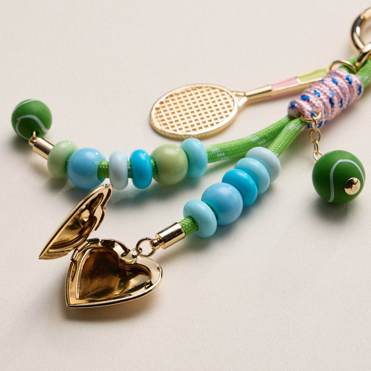 Tennis Charm Beaded Keychain with Heart Locket – Colorful Bead & Racket Bag Charm
