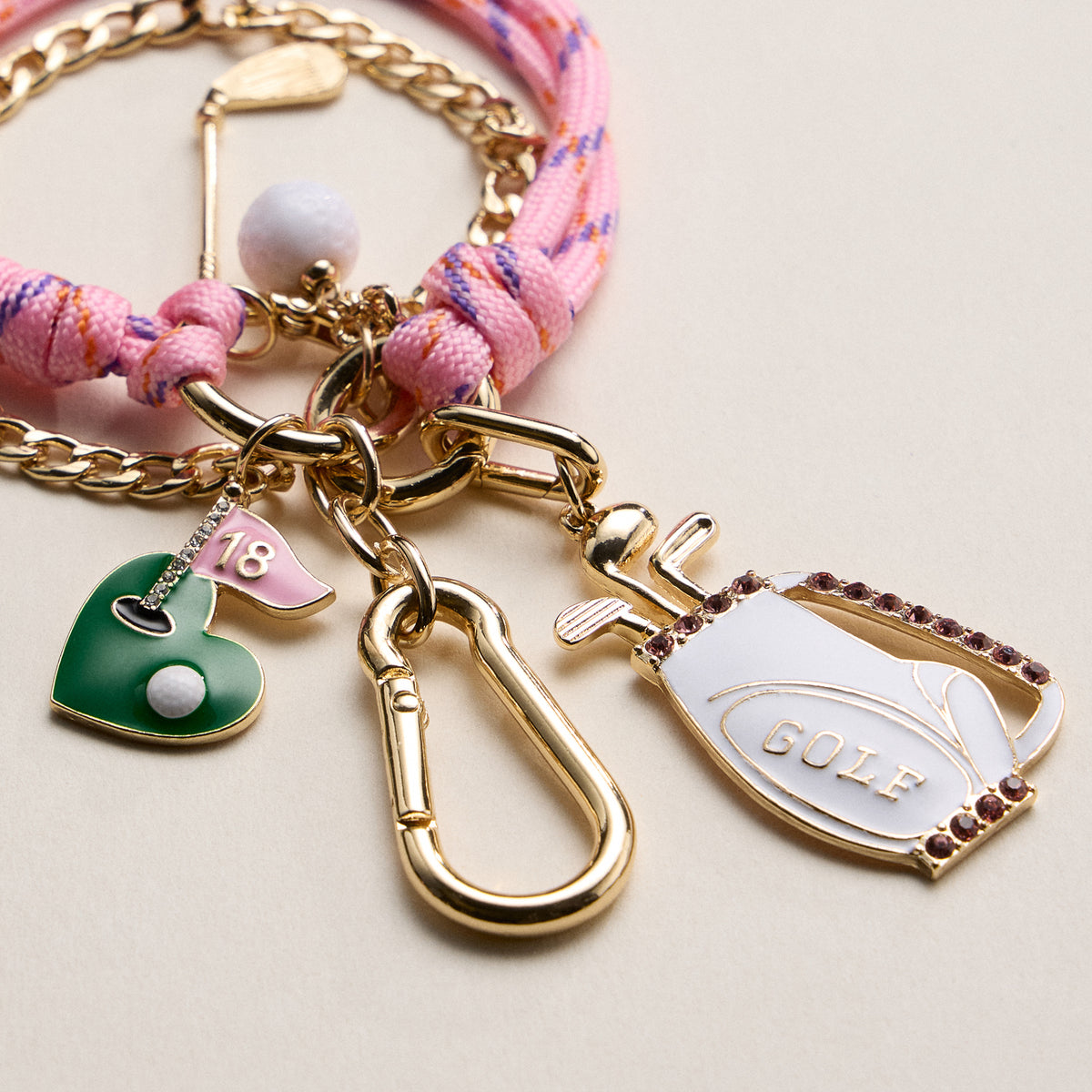 Pink Golf Charm Keychain Bracelet – Beaded Wristlet with Golf Bag & Flag Charms