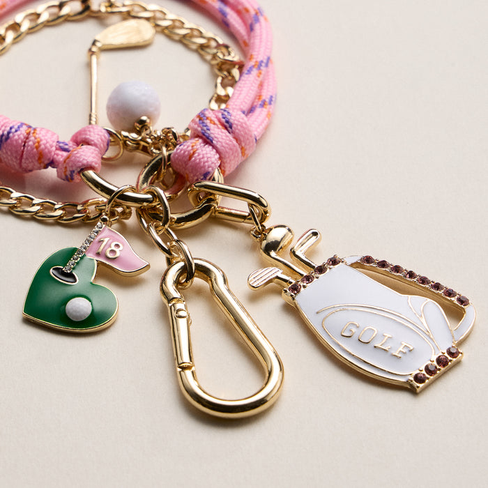 Pink Golf Charm Keychain Bracelet – Beaded Wristlet with Golf Bag & Flag Charms