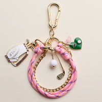 Pink Golf Charm Keychain Bracelet – Beaded Wristlet with Golf Bag & Flag Charms