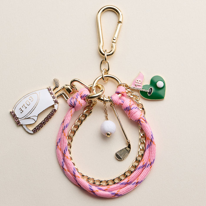 Pink Golf Charm Keychain Bracelet – Beaded Wristlet with Golf Bag & Flag Charms