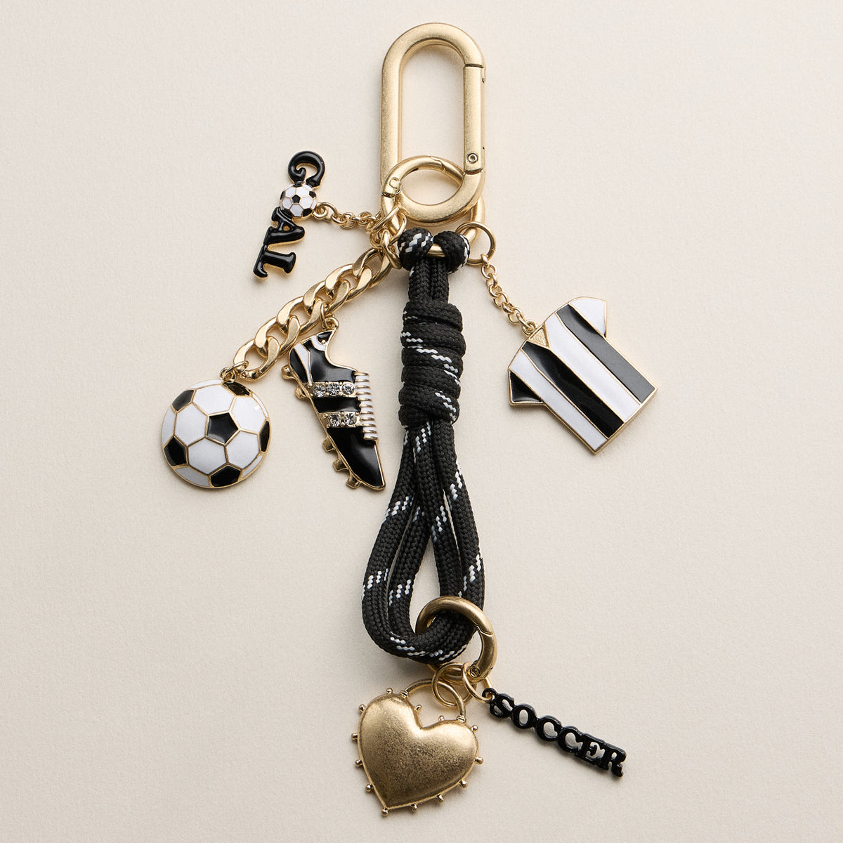 Soccer Charm Keychain with Black & White Enamel Charms – Sports Bag Accessory