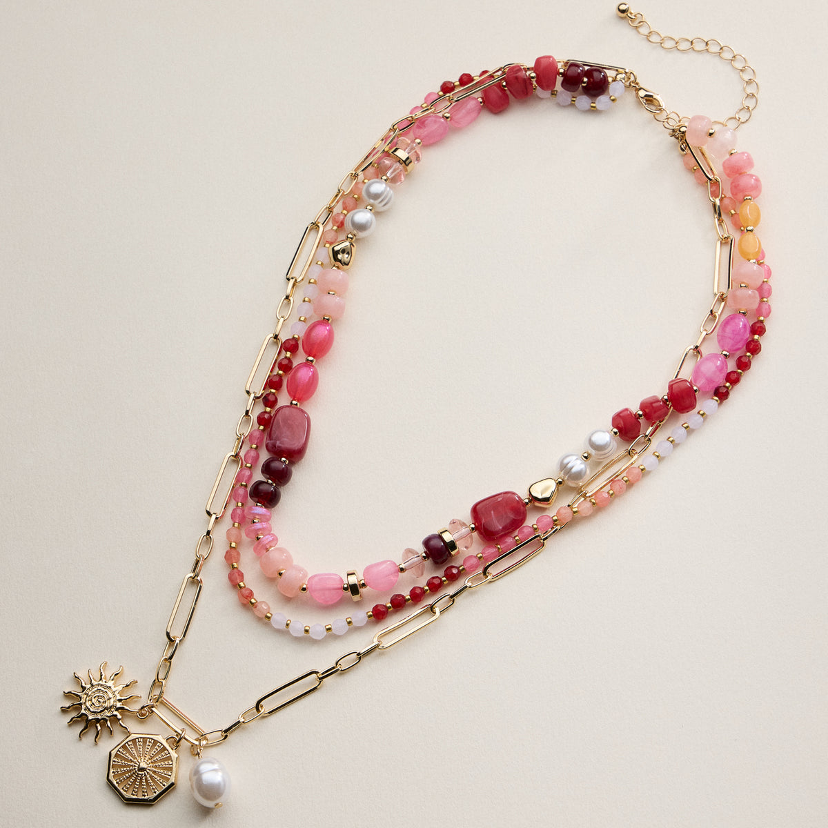 Layered Beaded and Chain Necklace with Sun and Pearl Charms – Gold Accent Design