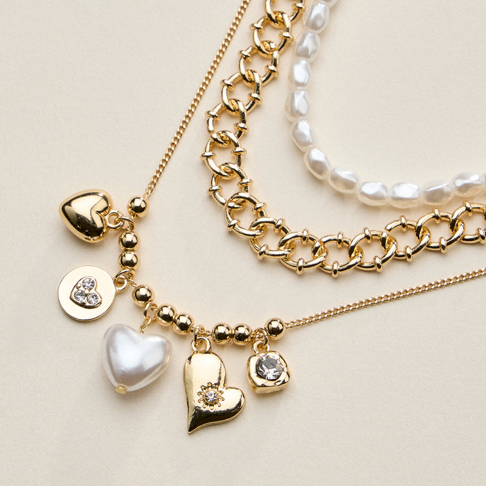 Layered Pearl Heart Necklace for Women – Mixed Chain Necklace with Heart Charms