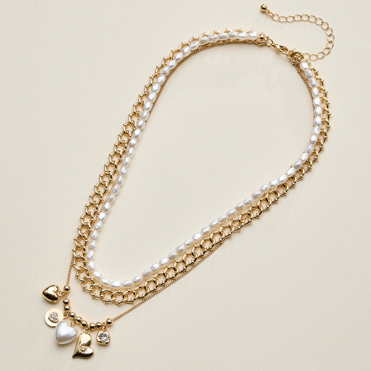 Layered Pearl Heart Necklace for Women – Mixed Chain Necklace with Heart Charms