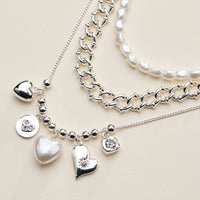 Layered Pearl Heart Necklace for Women – Mixed Chain Necklace with Heart Charms