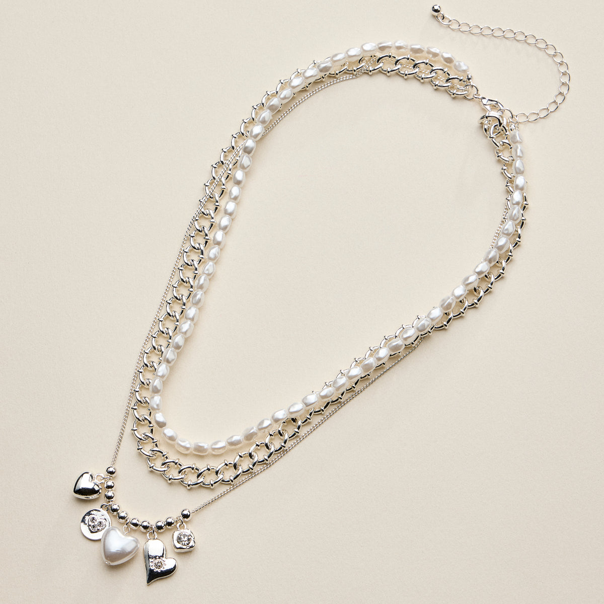 Layered Pearl Heart Necklace for Women – Mixed Chain Necklace with Heart Charms