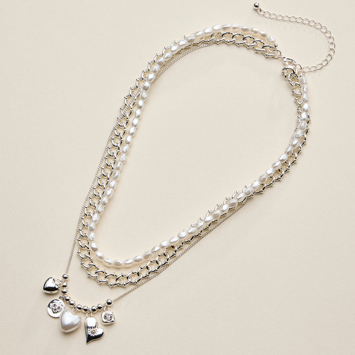 Layered Pearl Heart Necklace for Women – Mixed Chain Necklace with Heart Charms