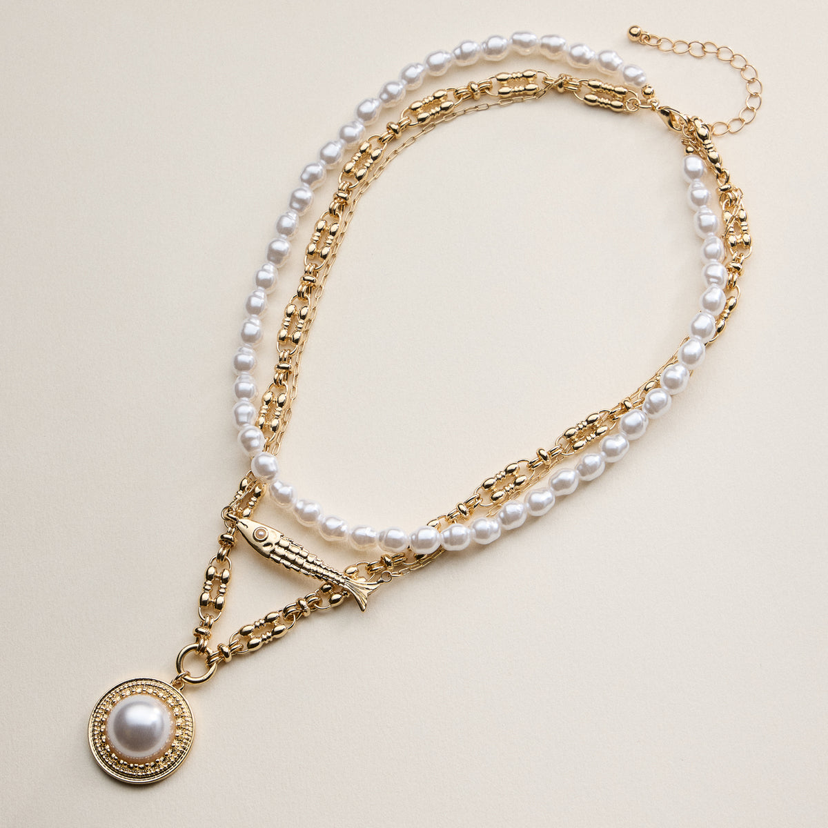 Layered Pearl and Chain Necklace with Round Pendant – Fish Link Detail