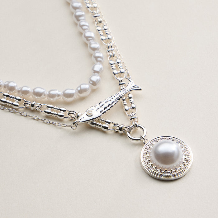 Layered Pearl and Chain Necklace with Round Pendant – Fish Link Detail