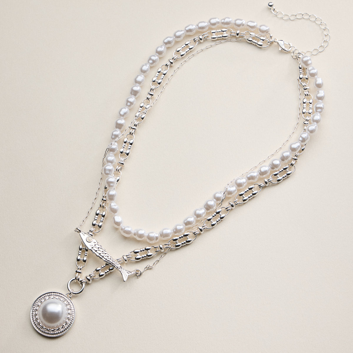 Layered Pearl and Chain Necklace with Round Pendant – Fish Link Detail